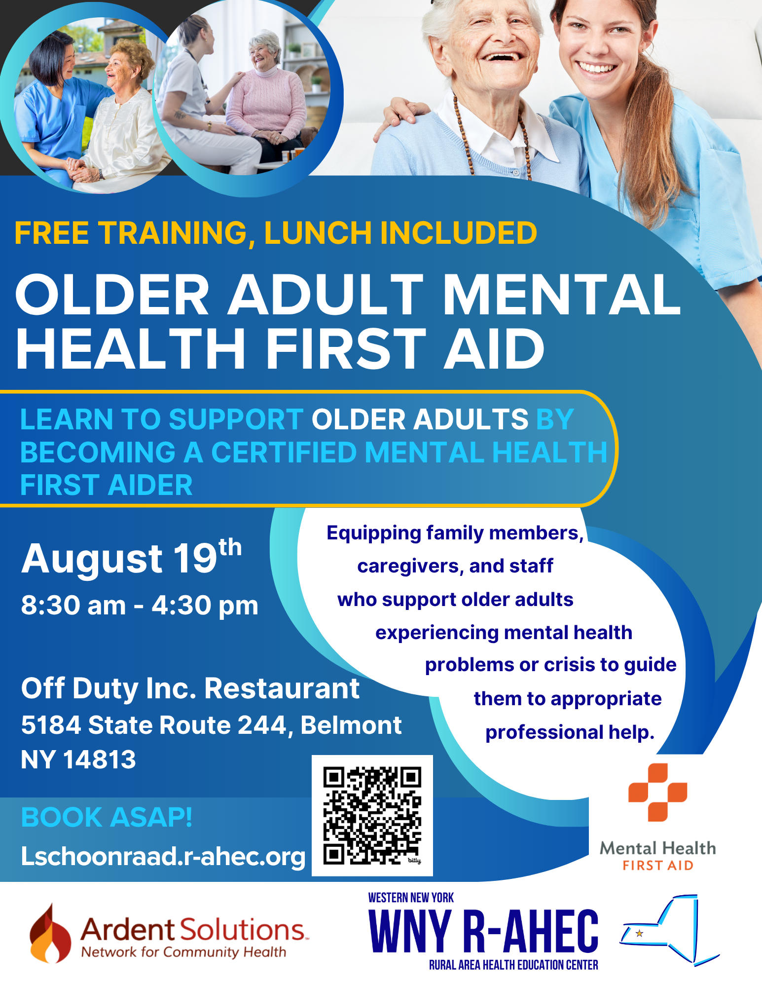 Flyer for Older Adult Mental Health First Aid training in Belmont, NY, on 08/19/2025