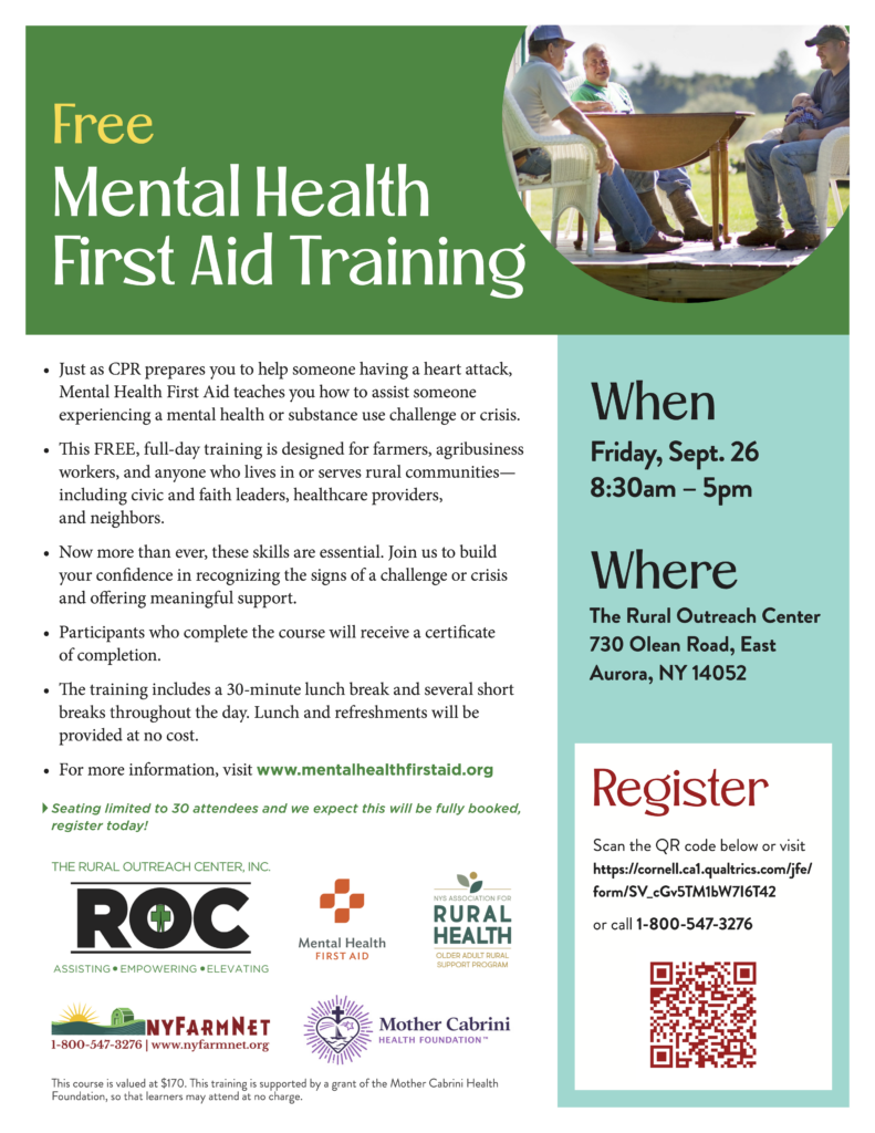 Flyer for Mental Health First Aid training at the Rural Outreach Center, 09/26/2025