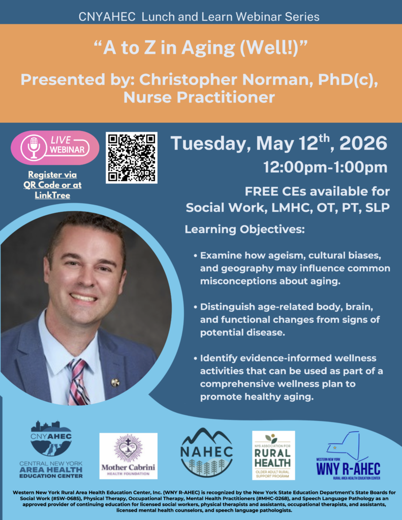 Flyer for "A to Z in Aging (Well!") webinar on 05/12/2026 12-1PM