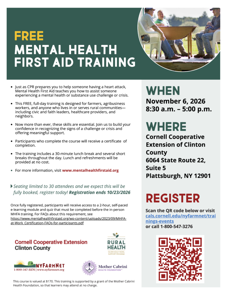 Flyer for Mental Health First Aid training at Cornell Cooperative Extension of Clinton County on 11/06/2026