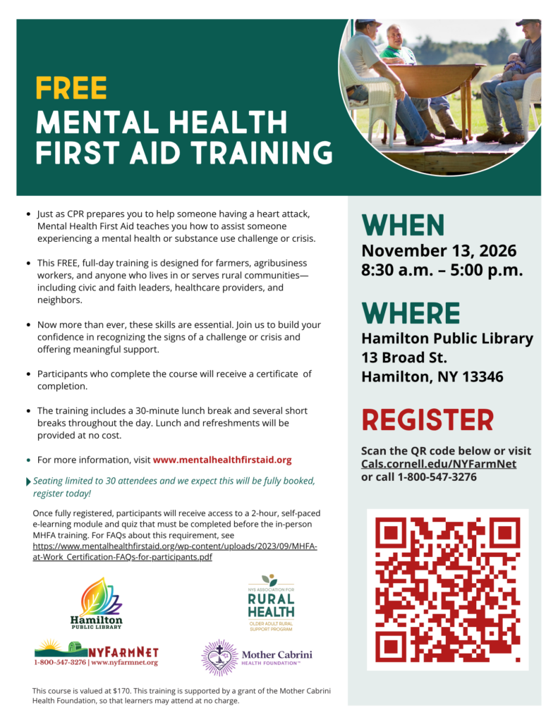 Flyer for Mental Health First Aid training at the Hamilton Public Library on 11/13/2026.